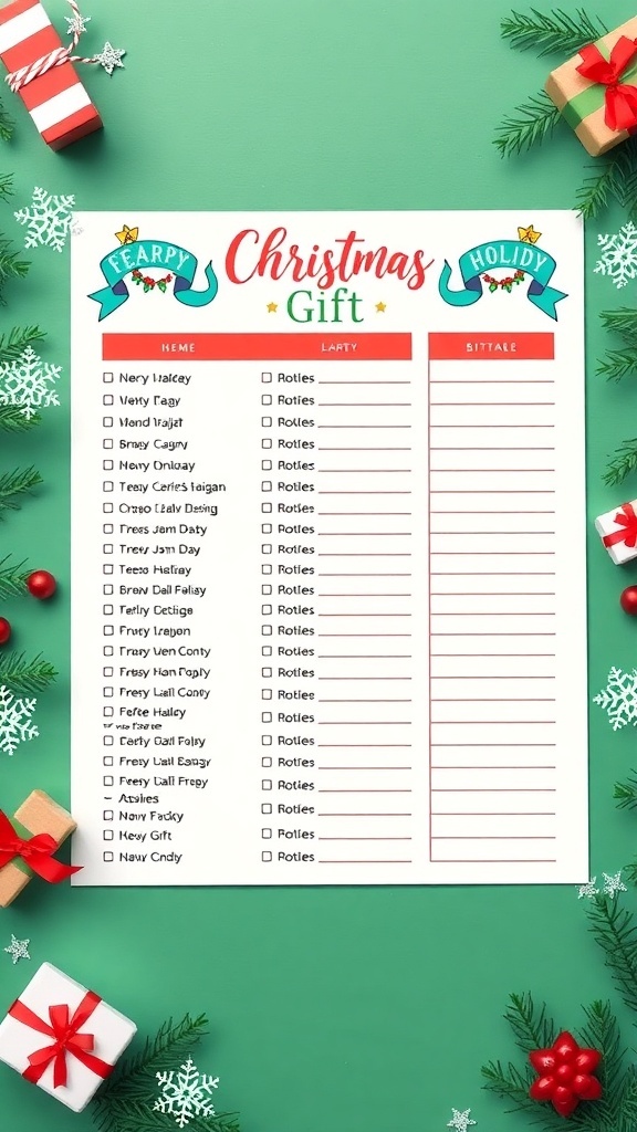 Printable Christmas gift list template with festive designs and filled with names and gift ideas.